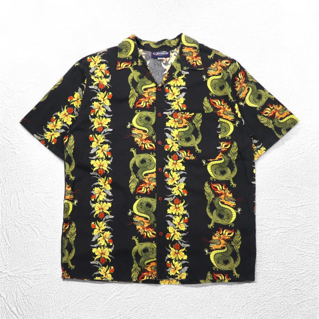 Made in the USA, 90s, LATITUDE 32, open-collar aloha shirt, 3XL, big size, black, all-over pattern, dragon, hibiscus