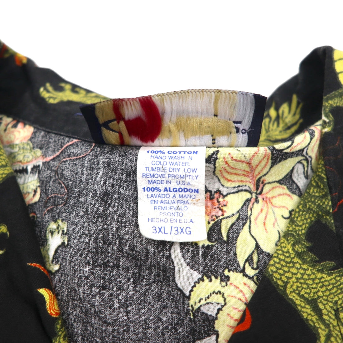 Made in the USA, 90s, LATITUDE 32, open-collar aloha shirt, 3XL, big size, black, all-over pattern, dragon, hibiscus
