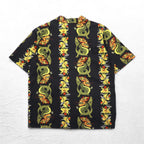 Made in the USA, 90s, LATITUDE 32, open-collar aloha shirt, 3XL, big size, black, all-over pattern, dragon, hibiscus