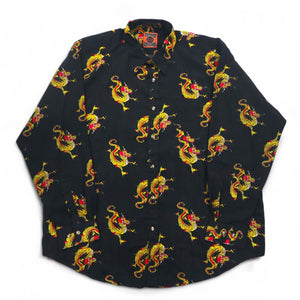 Vintage 90s China Dragon Patterned Shirt DAGACCI ポリシャツ XL ブラック 総柄 龍
