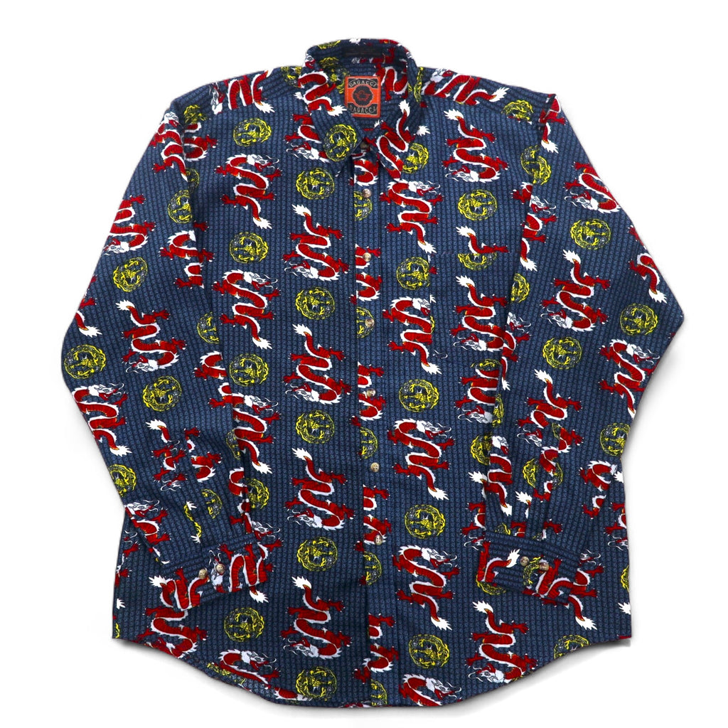 Vintage 90s China Dragon Patterned Shirt DAGACCI Poly Shirt L Blue All-over Pattern Dragon