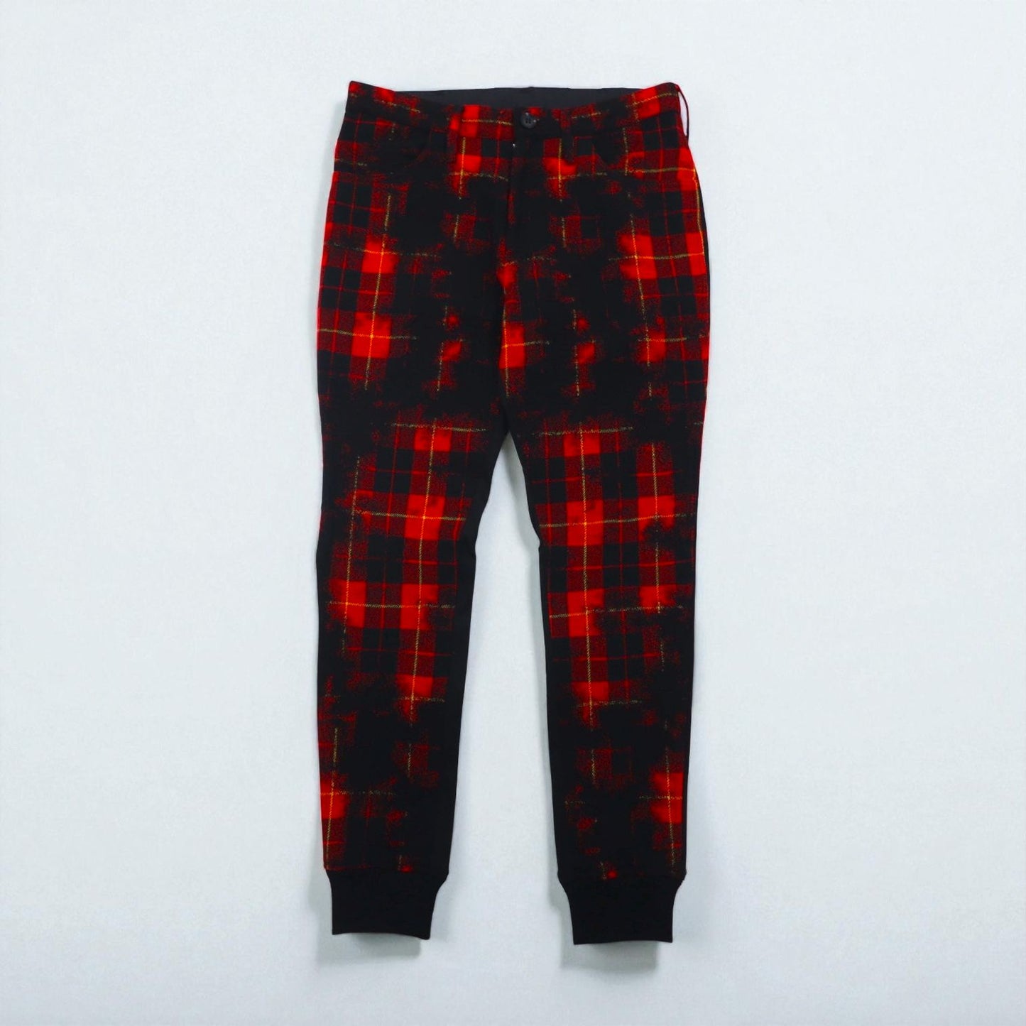 Y's (Yohji Yamamoto) Grunge Check Pants with Ribbed Hems, Wool Jogger Pants, Size Small, Red, YP-P05-111, Made in Japan