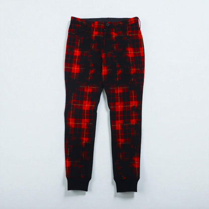 Y's (Yohji Yamamoto) Grunge Check Pants with Ribbed Hems, Wool Jogger Pants, Size Small, Red, YP-P05-111, Made in Japan