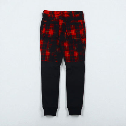 Y's (Yohji Yamamoto) Grunge Check Pants with Ribbed Hems, Wool Jogger Pants, Size Small, Red, YP-P05-111, Made in Japan