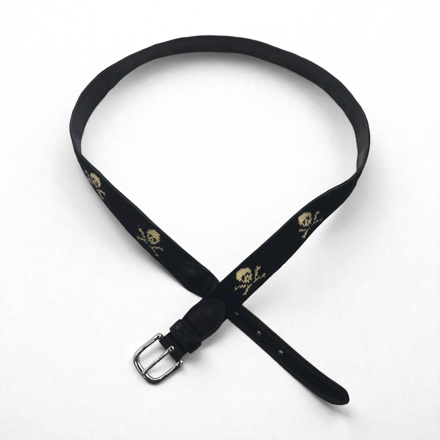 RUGBY Ralph Lauren skull leather belt in black wool with a silver buckle
