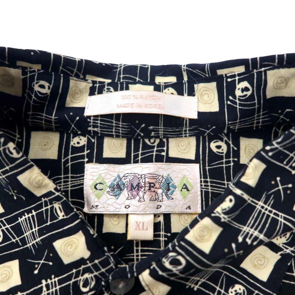 90s CAMPIA MODA Aloha Shirt XL Black Rayon All-over Pattern