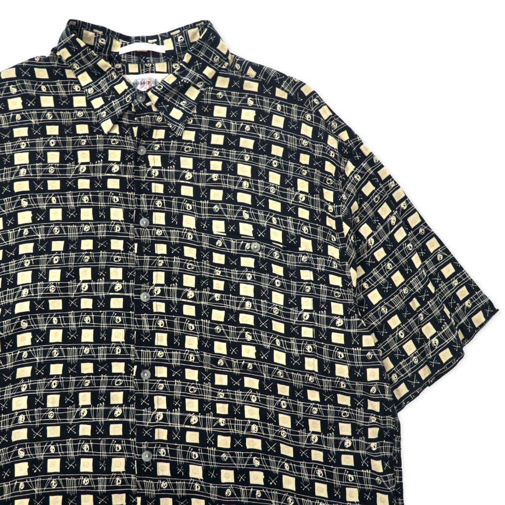 90s CAMPIA MODA Aloha Shirt XL Black Rayon All-over Pattern