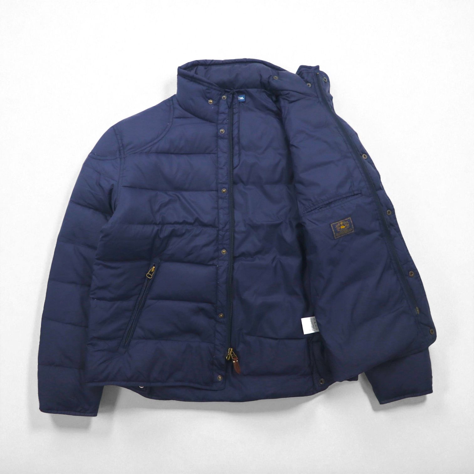 Polo Ralph Lauren XL Down Jacket in Navy with Chin Strap, Chest Pocket, and Stand Collar