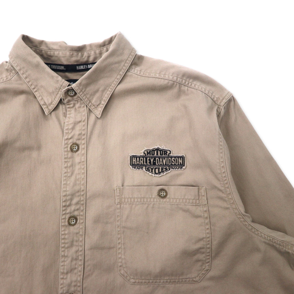 HARLEY DAVIDSON Back Logo Embroidery Cotton Twill Shirt 2XL Beige Big Size