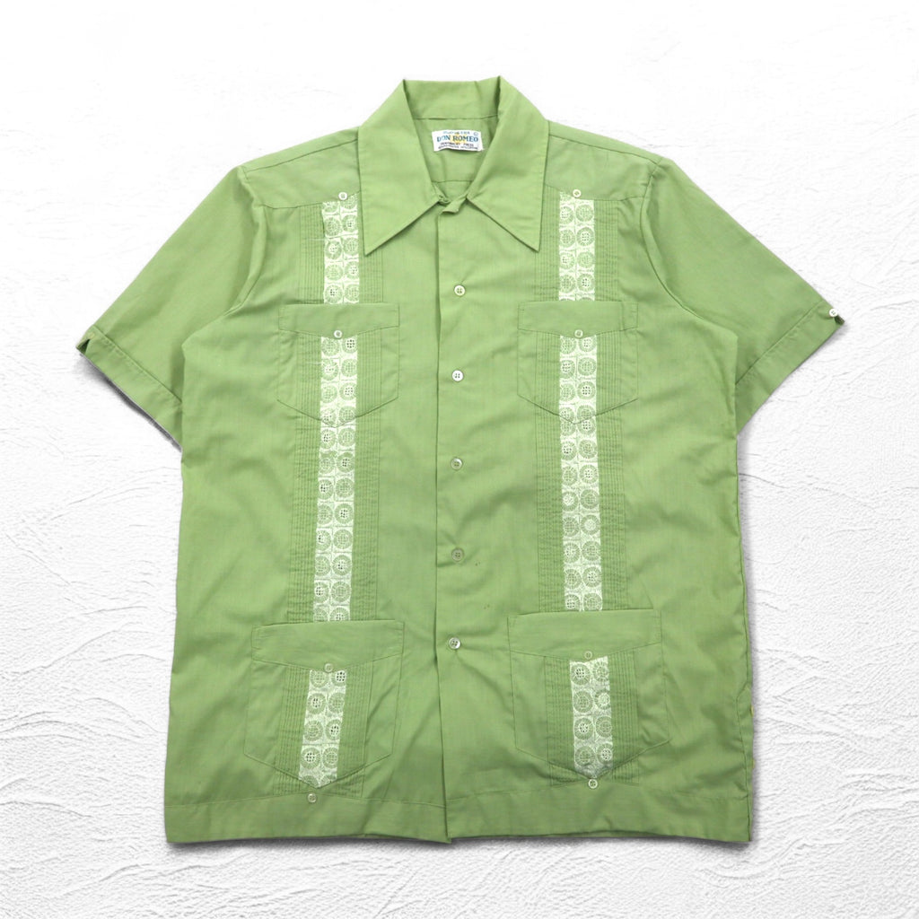 70年代 DON ROMEO キューバシャツ L グリーン ポリエステル コットン マルチポケット
