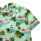 ハワイ ( USA製 ) 90年代 PACIFIC LEGEND オープンカラー アロハシャツ M グリーン コットン 総柄 フラミンゴ ビーチ