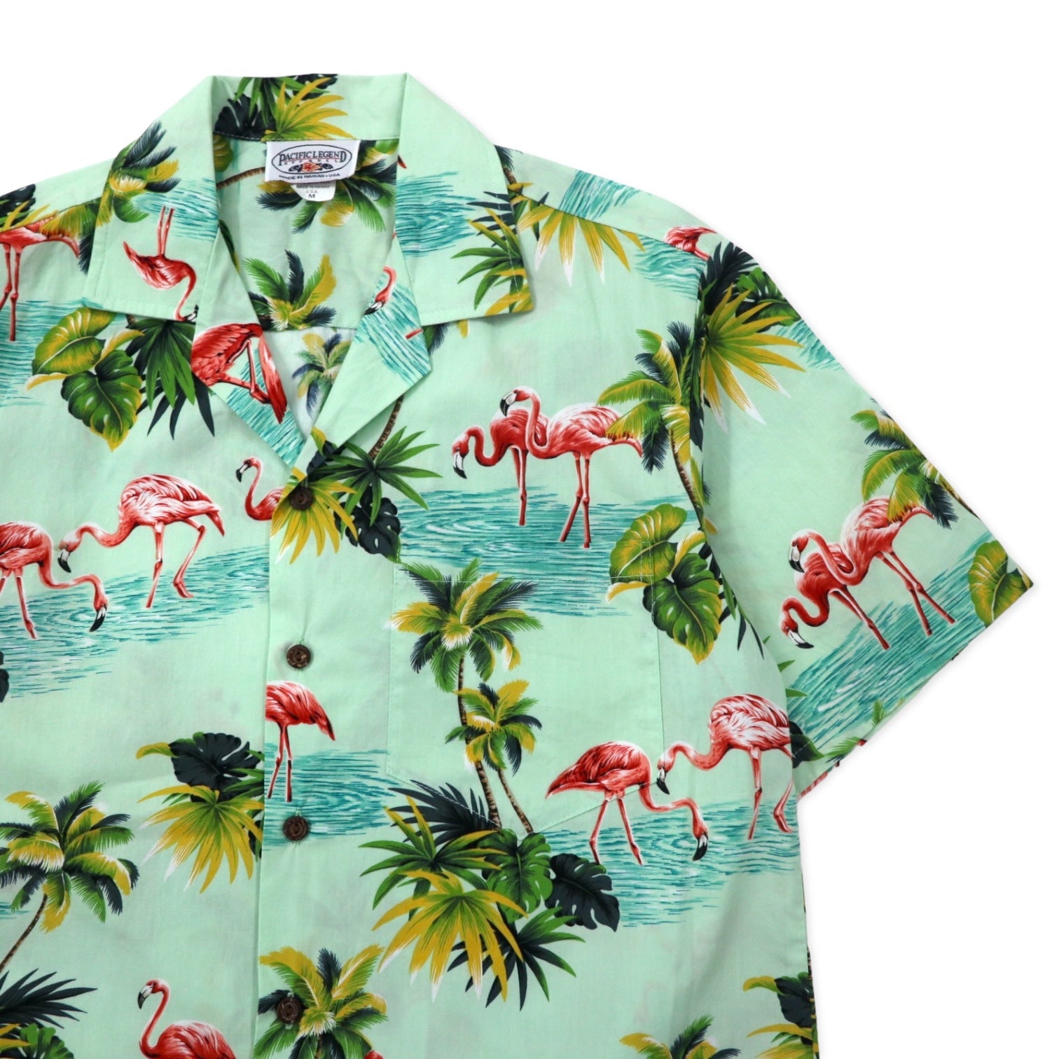 ハワイ ( USA製 ) 90年代 PACIFIC LEGEND オープンカラー アロハシャツ M グリーン コットン 総柄 フラミンゴ ビーチ