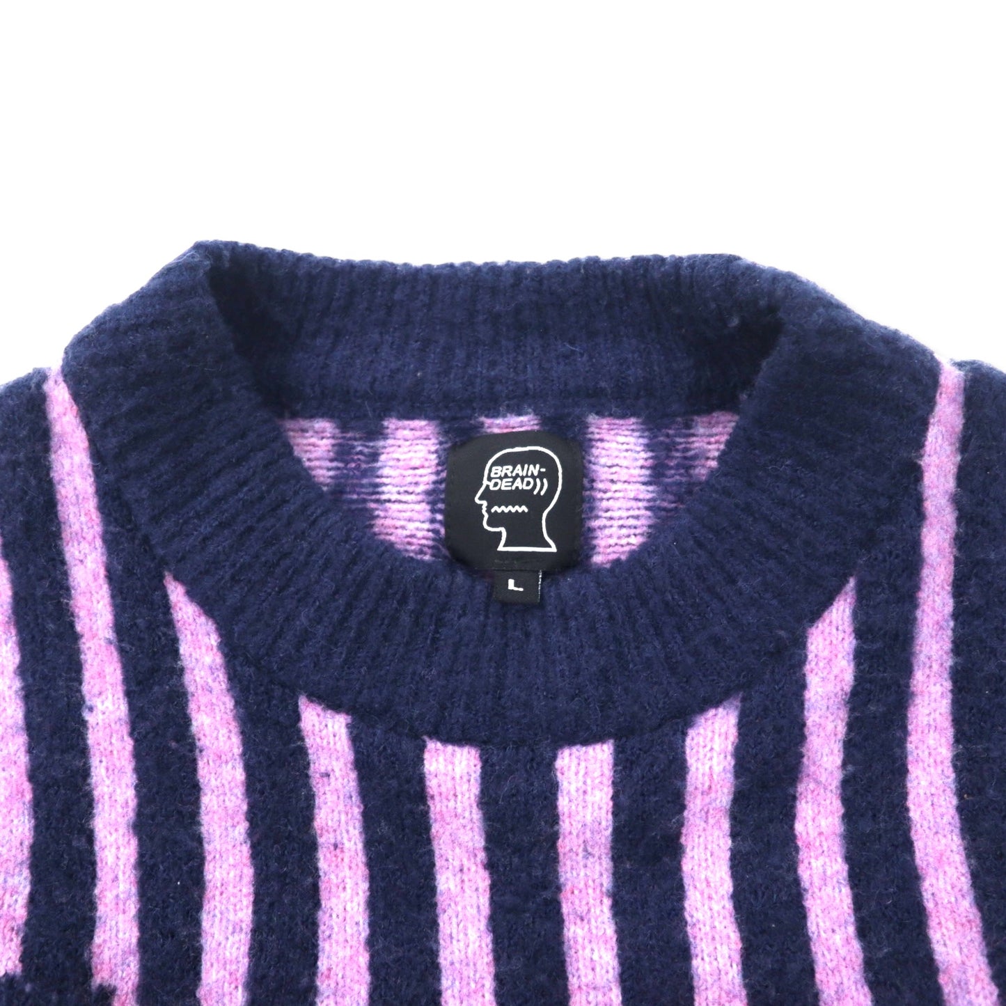 BRAIN DEAD ロゴモチーフ モックネック ニット セーター L パープル ネイビー マルチストライプ アクリル VARIED STRIPE MOCK NECK SWEATER