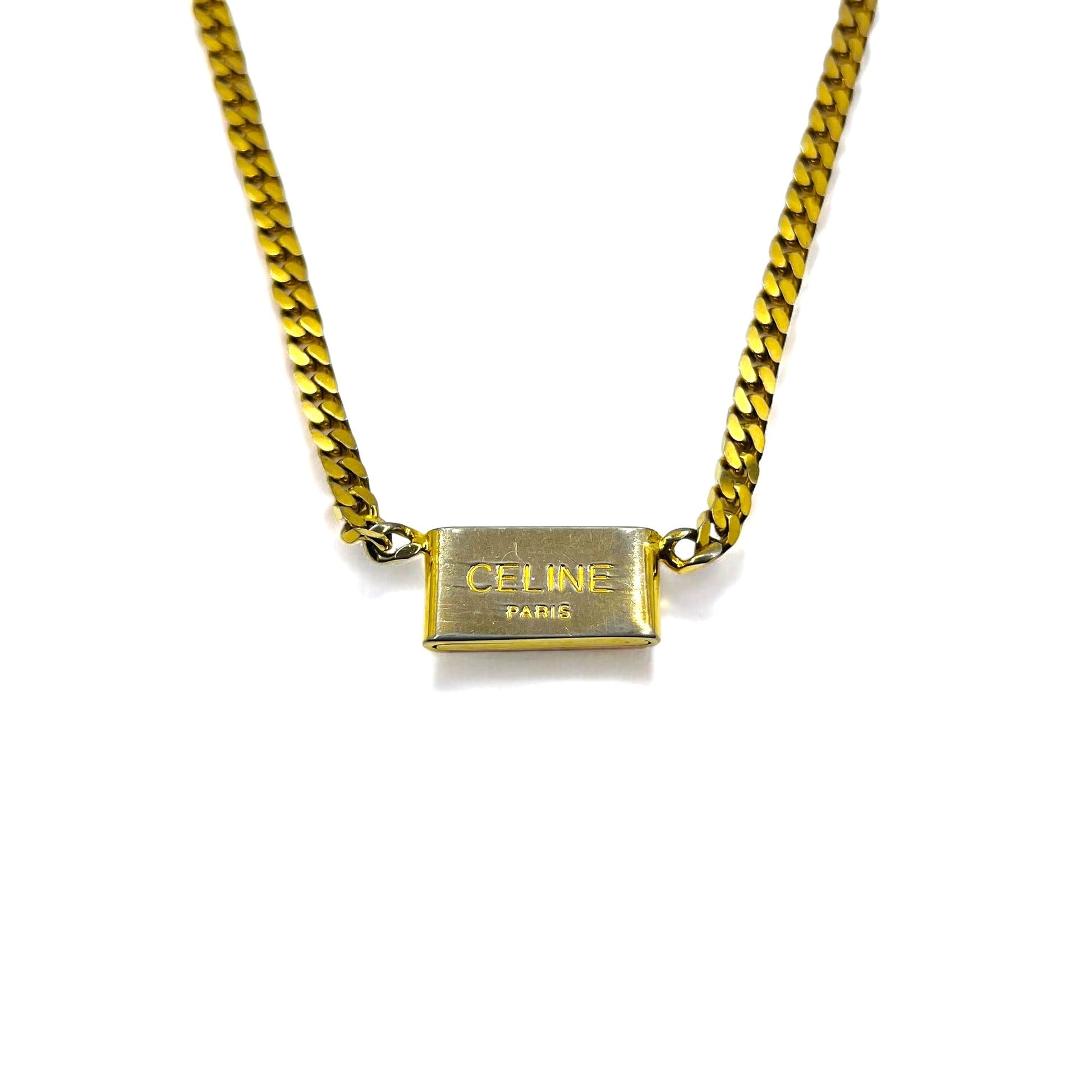 CELINE Vintage Logo Plate Choker Necklace Gold Kihei Chain Macadam