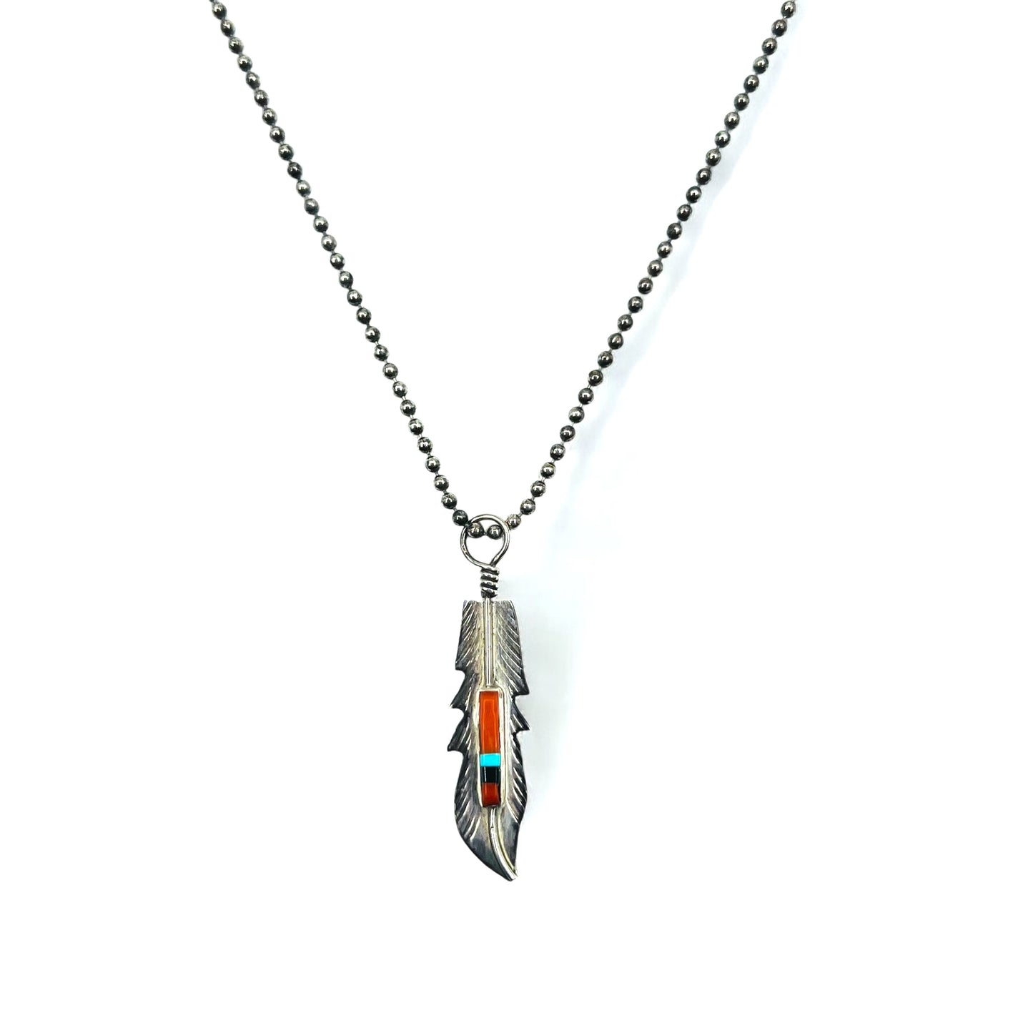 Navajo Indian Jewelry Feather Necklace インレイ フェザー ネックレス ペンダント BARNFY STERLING シルバー ポールチェーン