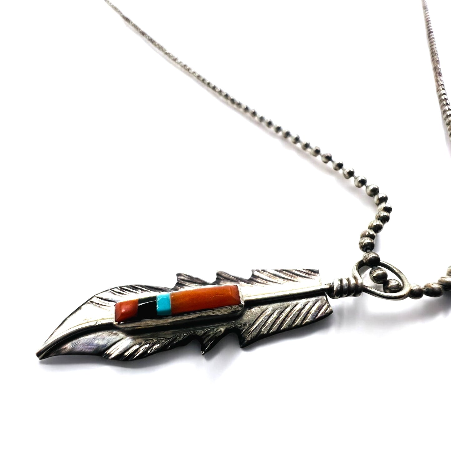 Navajo Indian Jewelry Feather Necklace インレイ フェザー ネックレス ペンダント BARNFY STERLING シルバー ポールチェーン