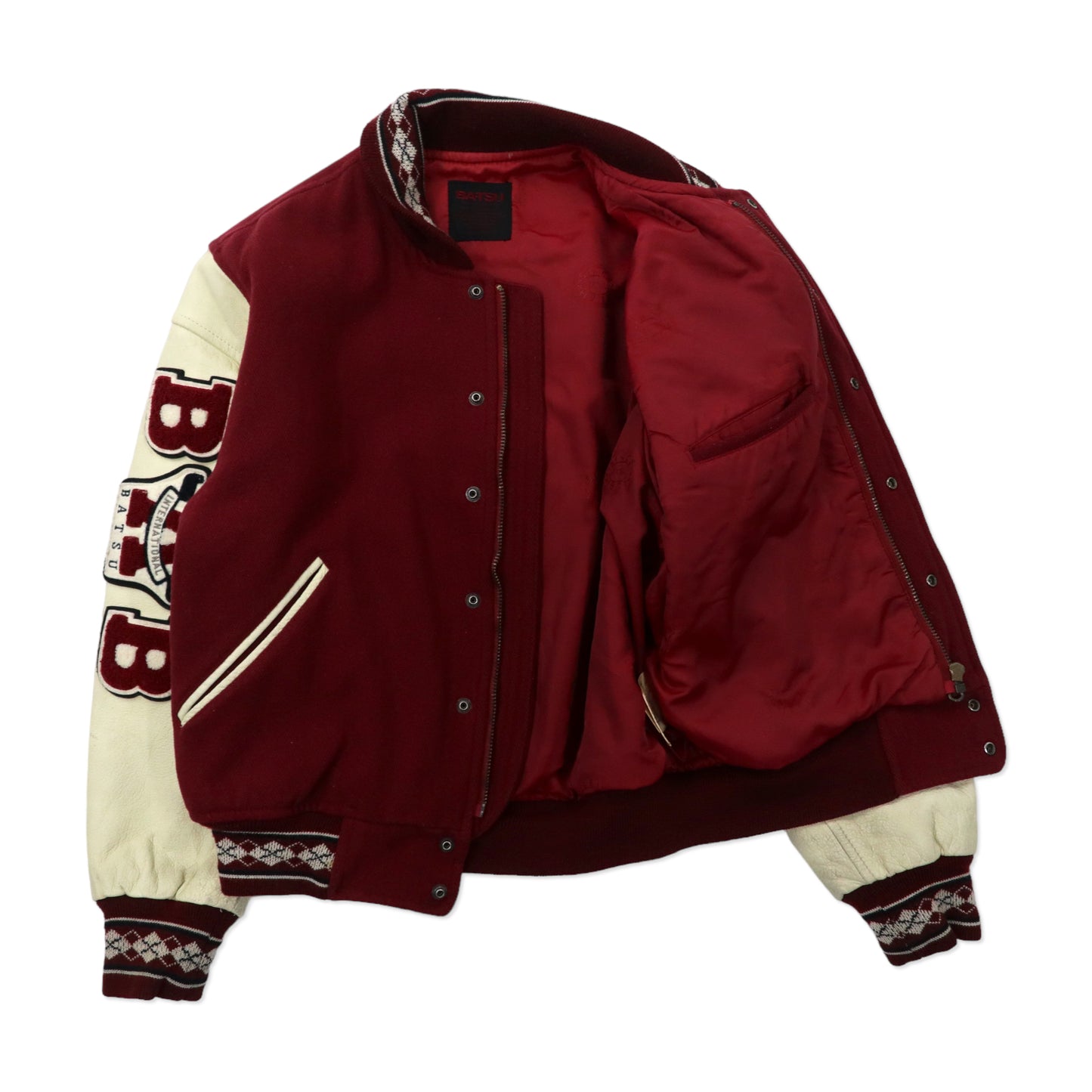 BA-TSU 90's Sleeve Leather Switch Varsity Jacket L Bordeaux Wool Japan Made