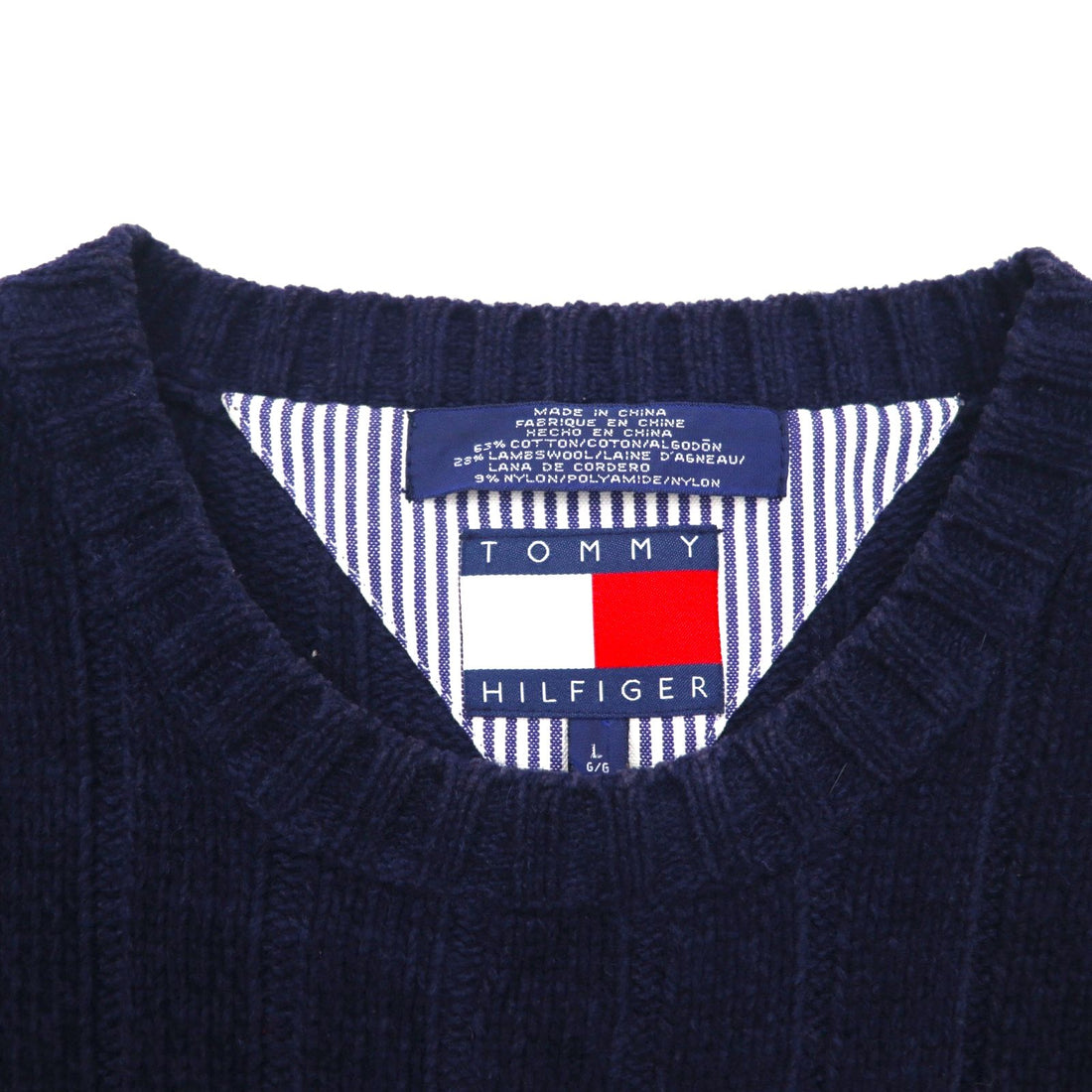 TOMMY HILFIGER リブニット クルーネック セーター L ネイビー コットン