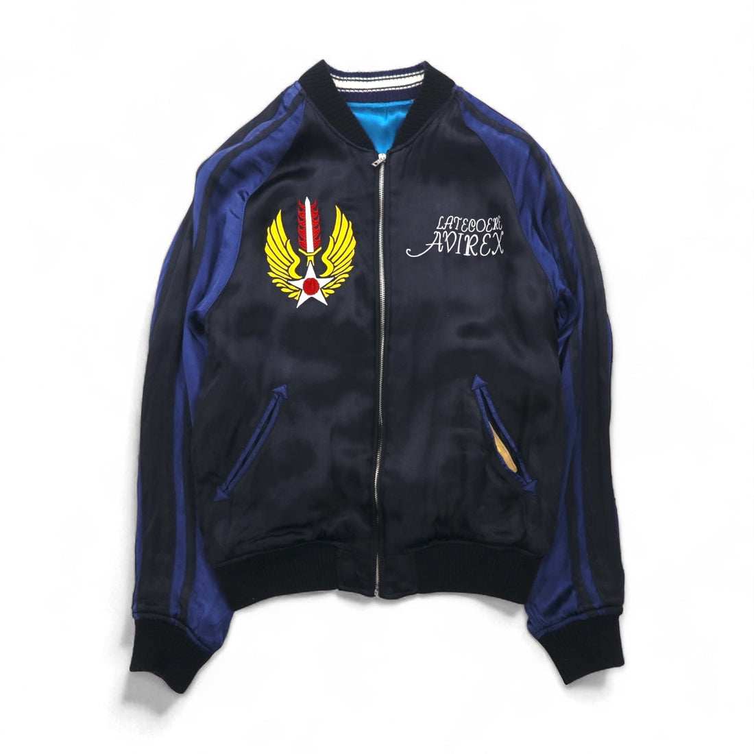 AVIREX Reversible Satin Sukajan Souvenir Jacket, Size L, Black/Blue, Rayon with Embroidery, 6112012