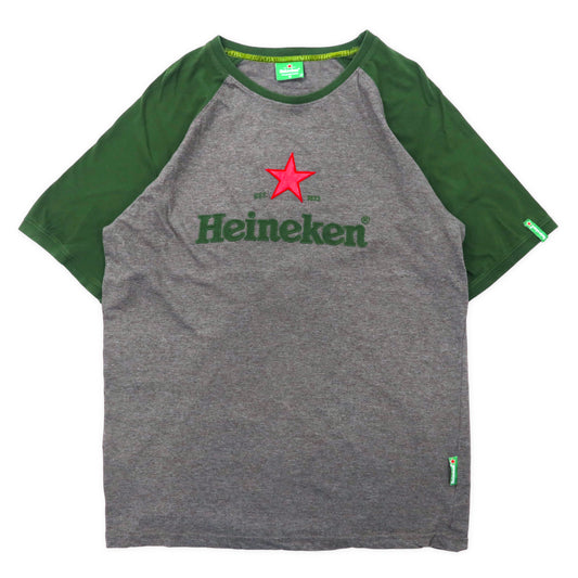 日本然リトテ-古着オンライン-Heineken ラグランTシャツ XL グレー グリーン コットン ロゴ刺繍 ビッグサイズ-Heineken Raglan T-SHIRT XL Gray Green Cotton Logo Embroidery Big Size