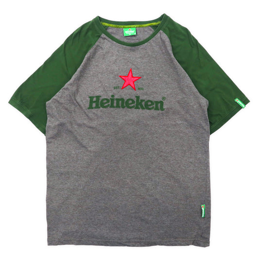 Heineken ラグランTシャツ XL グレー グリーン コットン ロゴ刺繍 ビッグサイズ