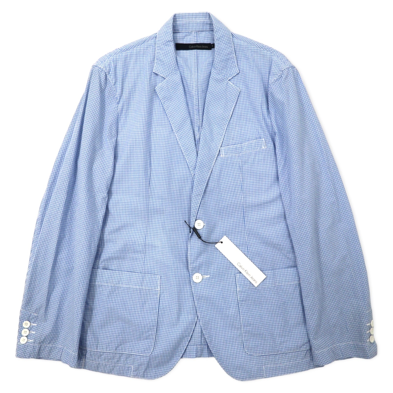 日本然リトテ-古着オンライン-Calvin Klein Jeans ギンガムチェック 2B テーラードジャケット L ブルー コットン 未使用品-Calvin Klein Jeans Gingham Checked 2B Tailored Jacket L Blue Cotton Unused
