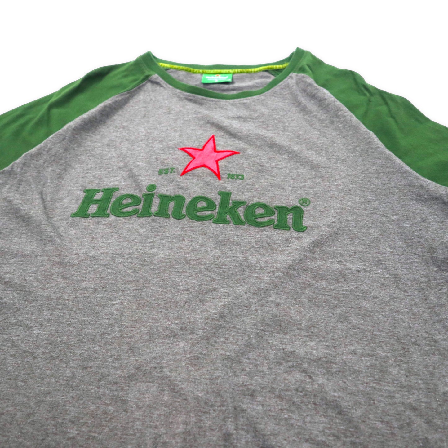 Heineken ラグランTシャツ XL グレー グリーン コットン ロゴ刺繍 ビッグサイズ