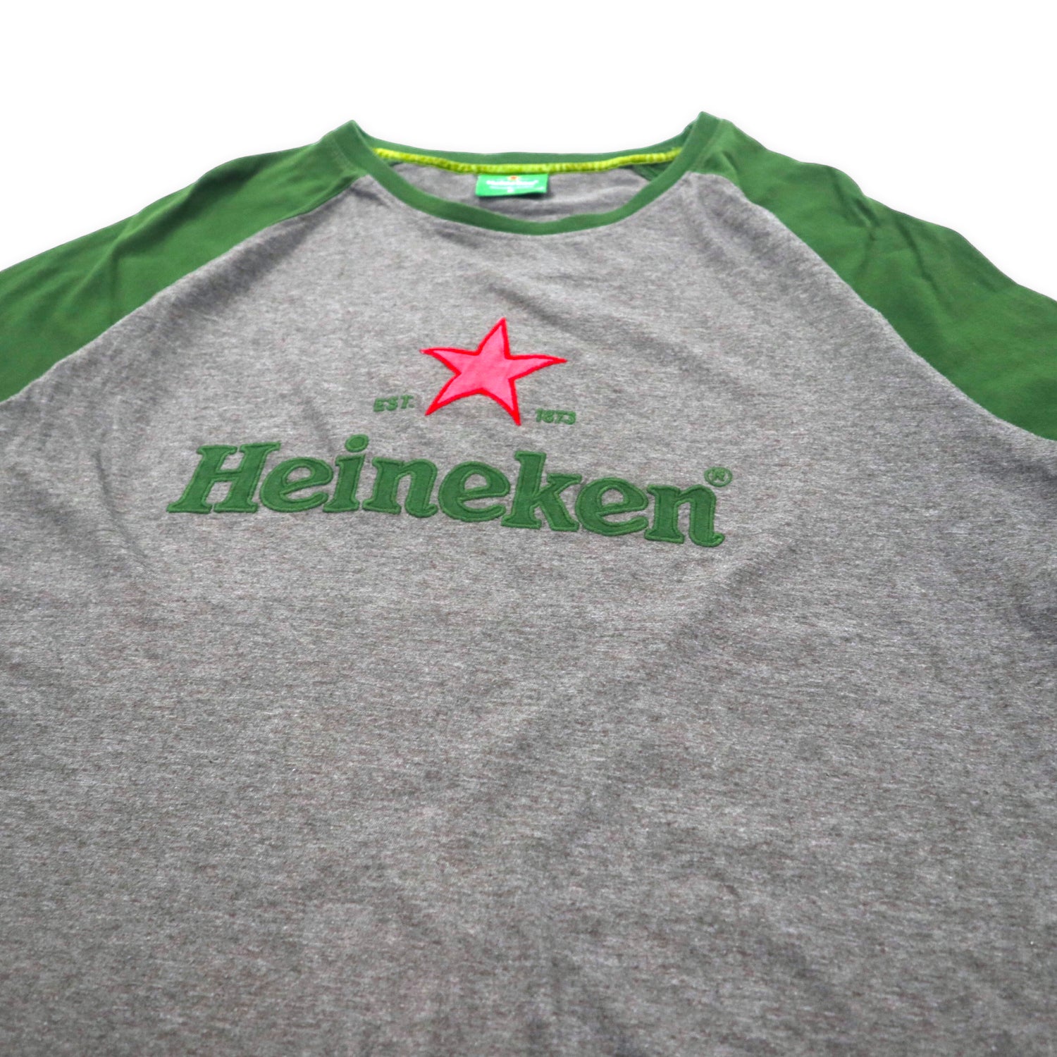 Heineken Raglan T-SHIRT XL Gray Green Cotton Logo Embroidery Big 