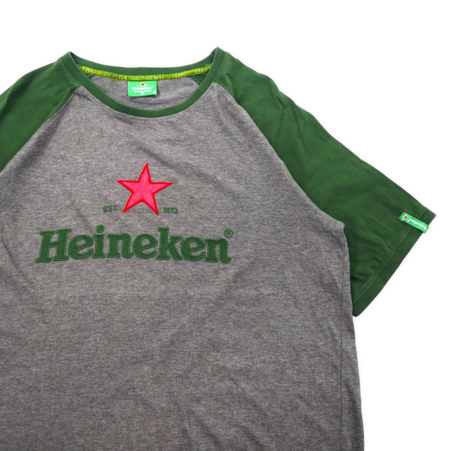 Heineken ラグランTシャツ XL グレー グリーン コットン ロゴ刺繍 ビッグサイズ