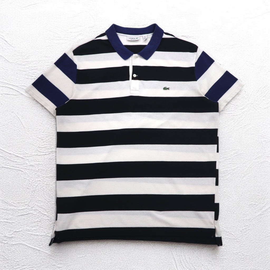 LACOSTE ボーダー ポロシャツ 2XL REGULAR FIT ホワイト ブラック 鹿の子 ビッグサイズ PH4984
