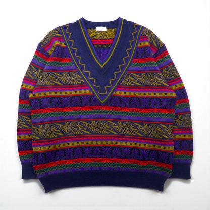 Japan Vintage 90s Jacquard Knit Sweater ジャガード デザインニット セーター XL 総柄 Vネック MERDOVER 90年代 日本製