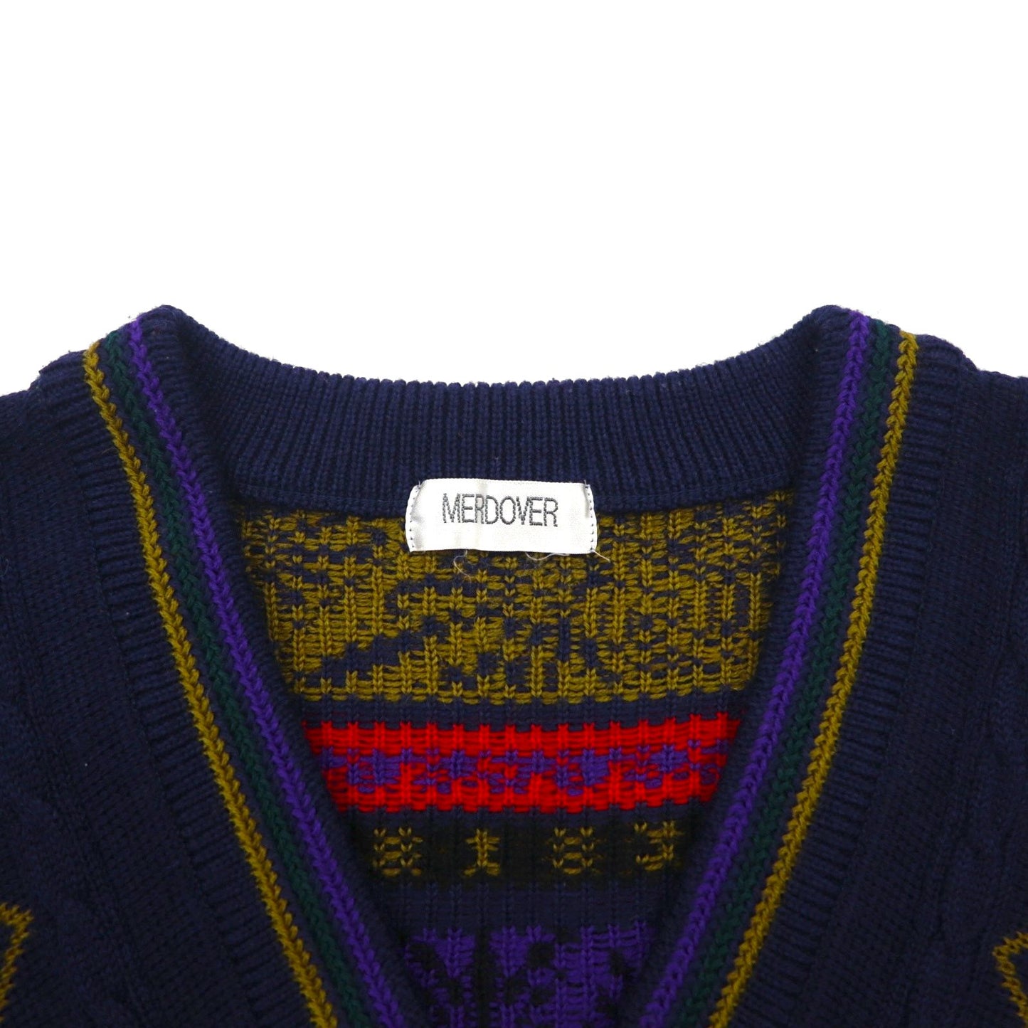 Japan Vintage 90s Jacquard Knit Sweater ジャガード デザインニット セーター XL 総柄 Vネック MERDOVER 90年代 日本製