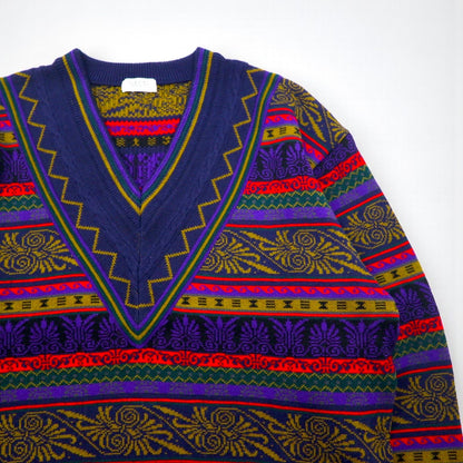 Japan Vintage 90s Jacquard Knit Sweater ジャガード デザインニット セーター XL 総柄 Vネック MERDOVER 90年代 日本製
