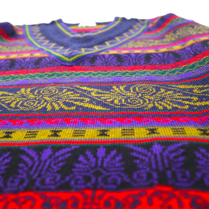 Japan Vintage 90s Jacquard Knit Sweater ジャガード デザインニット セーター XL 総柄 Vネック MERDOVER 90年代 日本製