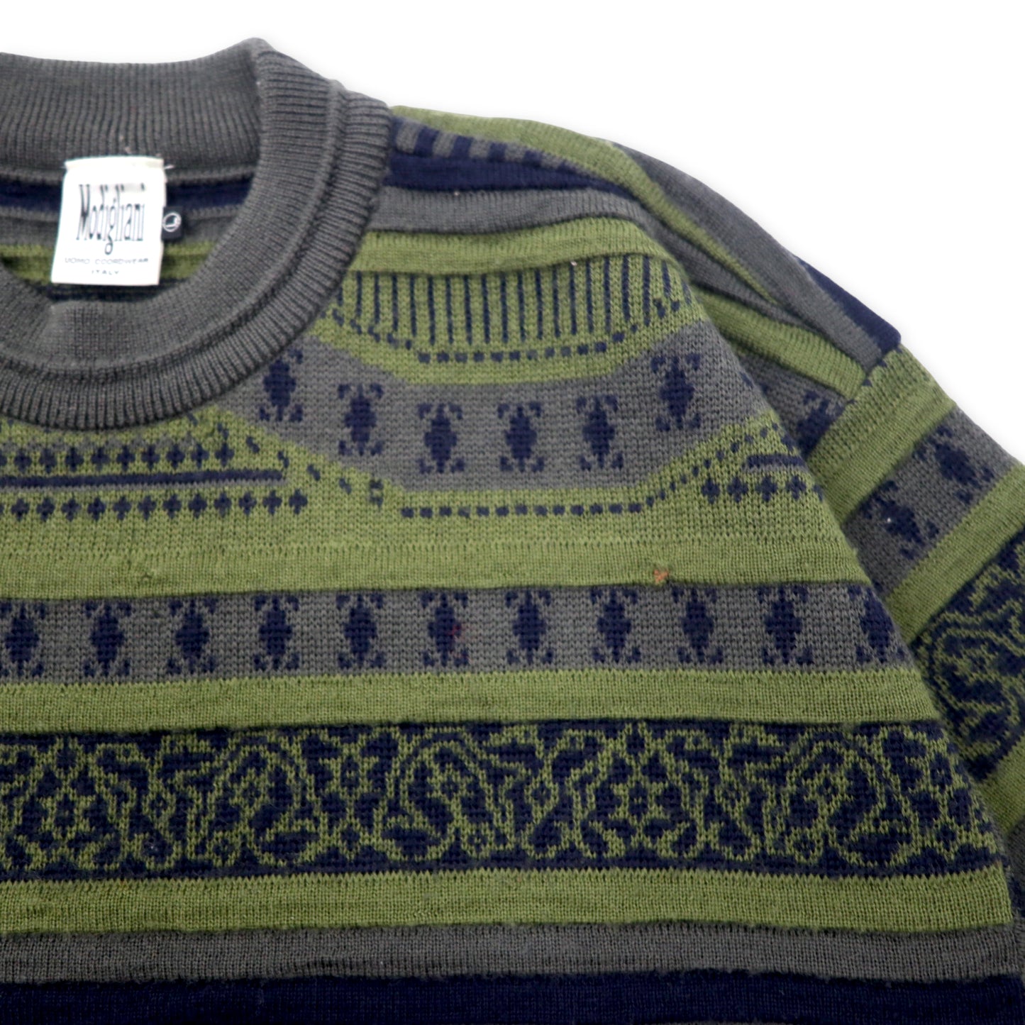 Modigliani 90's 3D Patterned Knit Sweater L Khaki Wool Striped