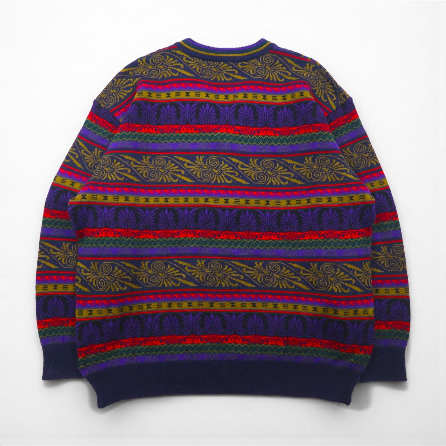 Japan Vintage 90s Jacquard Knit Sweater ジャガード デザインニット セーター XL 総柄 Vネック MERDOVER 90年代 日本製
