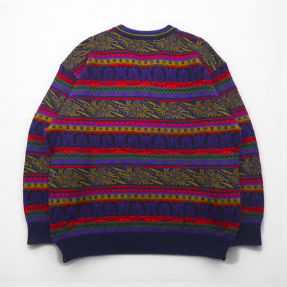 Japan Vintage 90s Jacquard Knit Sweater ジャガード デザインニット セーター XL 総柄 Vネック MERDOVER 90年代 日本製