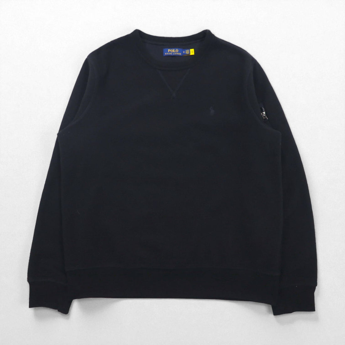 Polo Ralph Lauren V-neck brushed fleece sweatshirt, size M, black, with shoulder pockets and small pony embroidery.