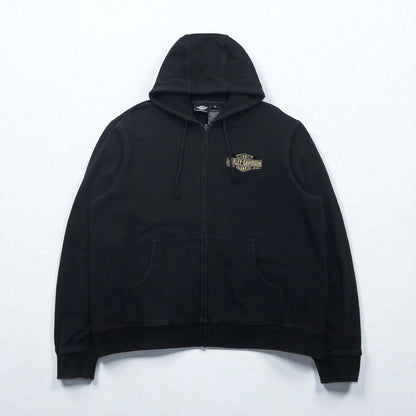 HARLEY DAVIDSON ジップパーカー XL ブラック 短丈 ワンポイントロゴ 刺繍 オーバーサイズ