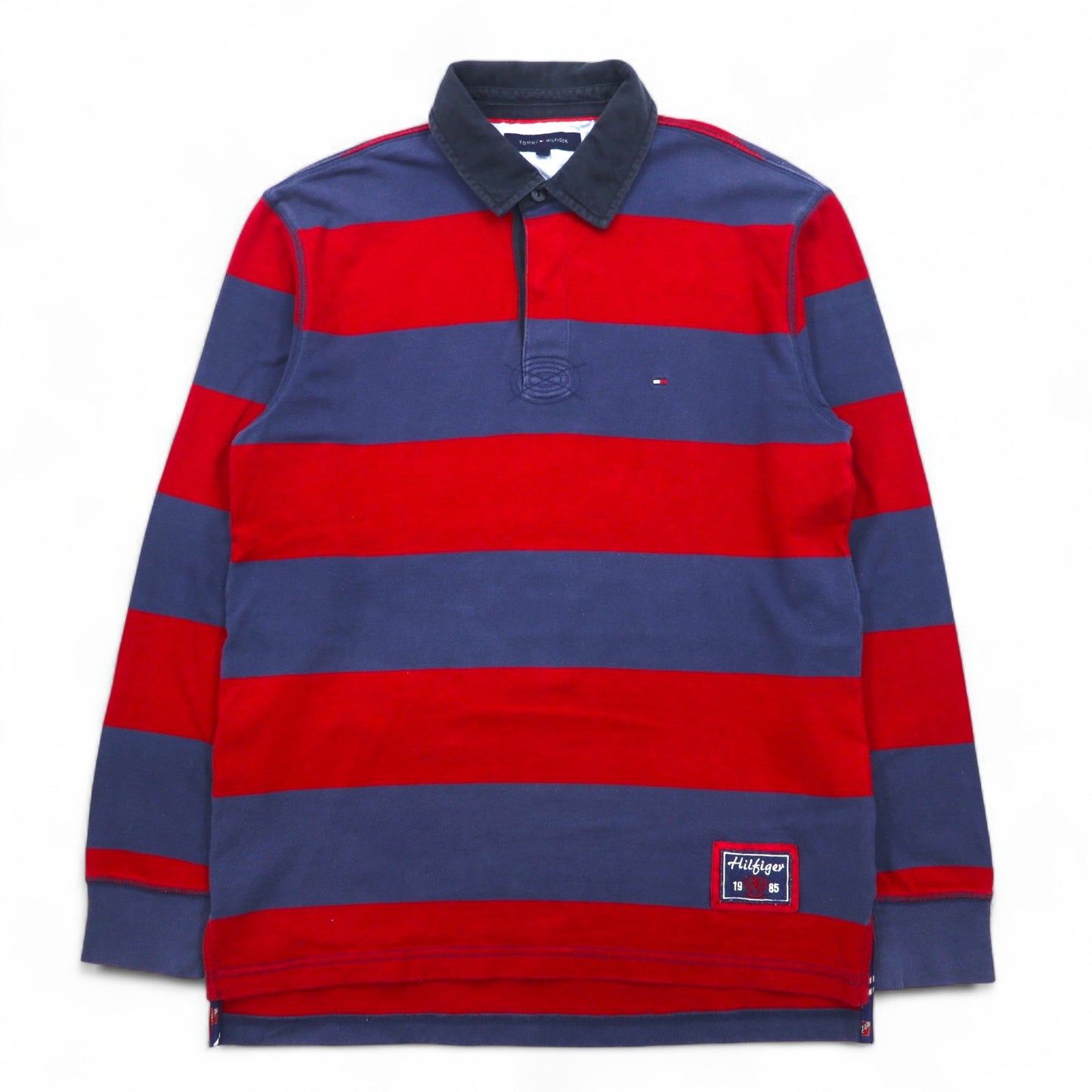 TOMMY HILFIGER ラガーシャツ L ネイビー レッド ボーダー コットン ワンポイントロゴ刺繍