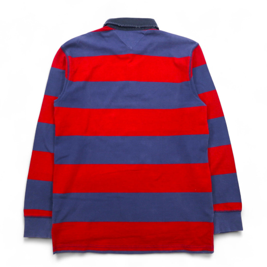 TOMMY HILFIGER Rugby Shirt L Navy Red Border Cotton One Point Logo Embroidery