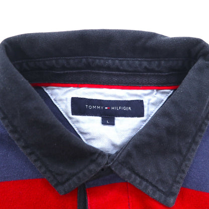 TOMMY HILFIGER ラガーシャツ L ネイビー レッド ボーダー コットン ワンポイントロゴ刺繍