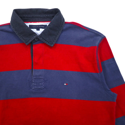 TOMMY HILFIGER ラガーシャツ L ネイビー レッド ボーダー コットン ワンポイントロゴ刺繍