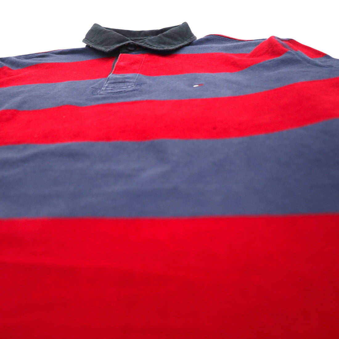 TOMMY HILFIGER Rugby Shirt L Navy Red Border Cotton One Point Logo Embroidery
