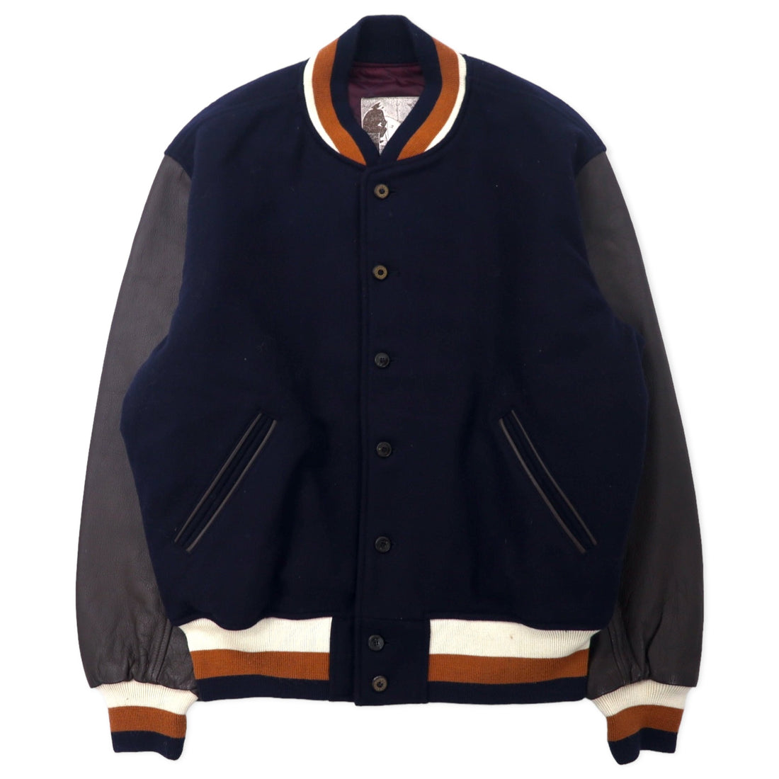 日本然リトテ-古着オンライン-MAISON GRAY FOR MEN 90年代 袖レザー スタジャン ボタスタ FREE ネイビー ウール 牛革 キルティングライナー-Maison Gray for Men 90's Sleeve Leather Varsity Jacket Botosta Free Navy Wool Cowhide Quilted Liner