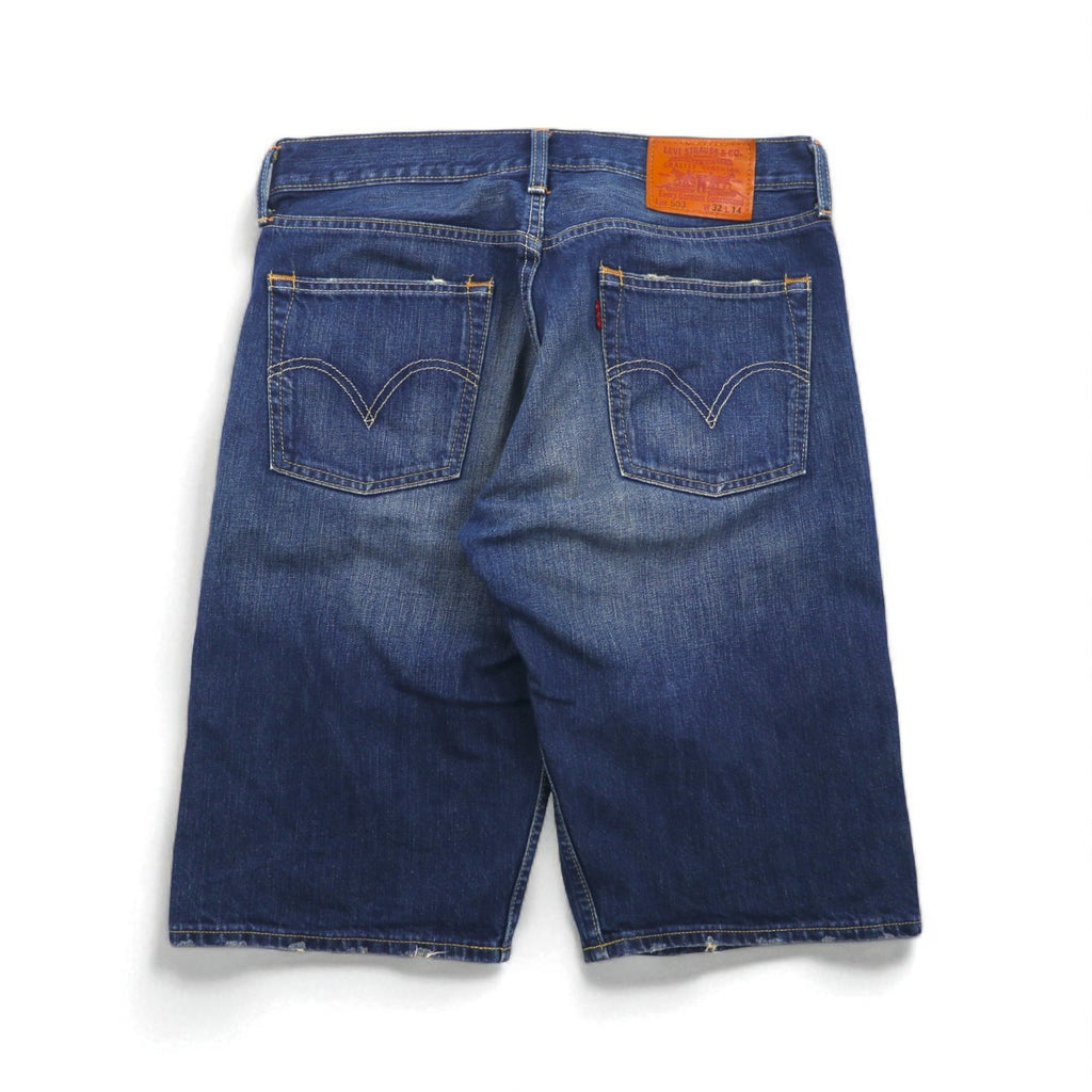 Levi's 503 ショート デニムパンツ ハーフパンツ ジーンズ L インディゴ ダメージ加工 レザーパッチ SP503-0019