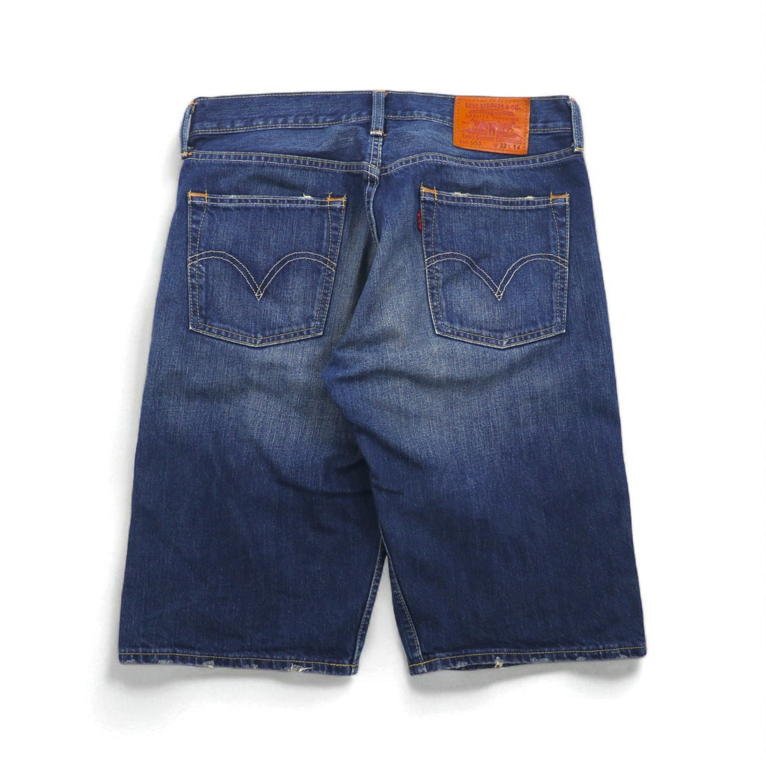 Levi's 503 ショート デニムパンツ ハーフパンツ ジーンズ L インディゴ ダメージ加工 レザーパッチ SP503-0019