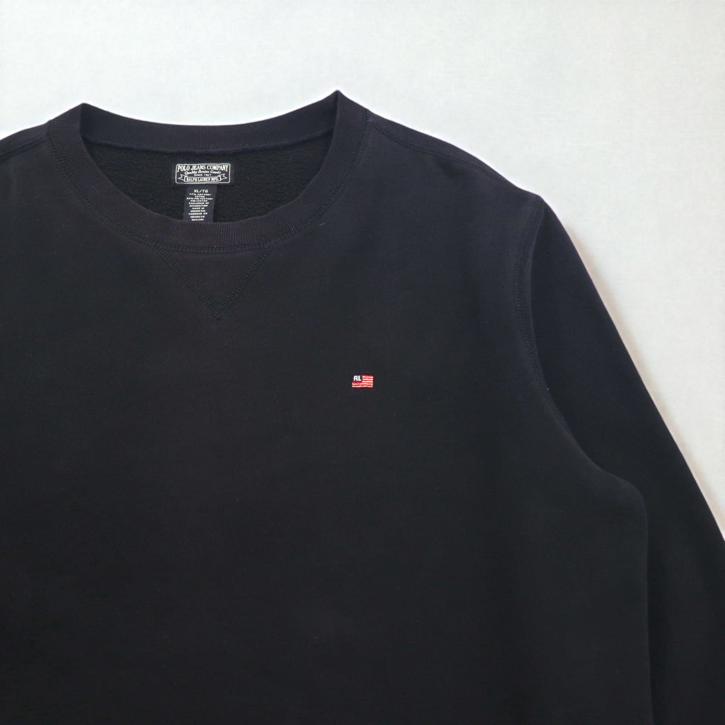 POLO JEANS COMPANY RALPH LAUREN V-neck crew neck sweatshirt, XL, black, solid color, one-point logo embroidery