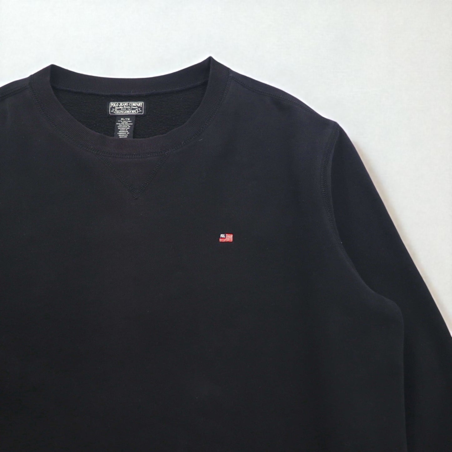 POLO JEANS COMPANY RALPH LAUREN 前V クルーネック スウェット XL ブラック 無地 ワンポイントロゴ刺繍
