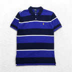 Polo by Ralph Lauren 90s Striped Polo Shirt, Medium, Navy, Blue, Pique, Small Pony Embroidery, Made in Peru